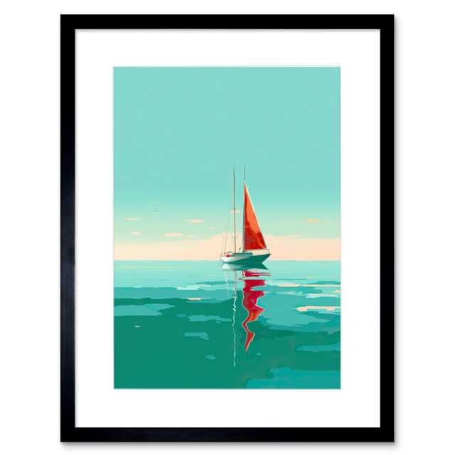 "A Sailboat a Red Sail Sailing a Calm Sea 9x7"" Black Framed Wall Art Print"