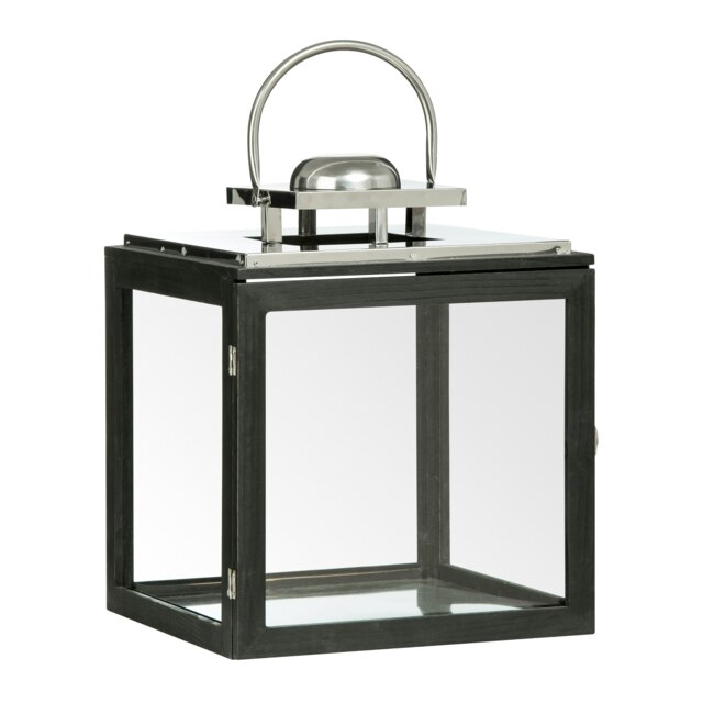 Large Stainless Steel Lantern, Black Wooden Frame Candle Holder,Ideal for Indoor & Outdoor Candlelight Decor