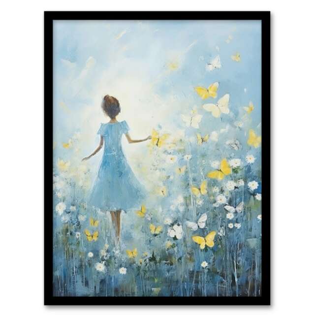 Girl Wildflower Meadow Oil Soft Yellow Home Decor Black Framed Wall Art Print A4