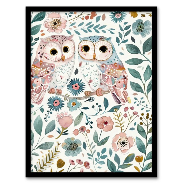 Owl Couple Pastel Colour Floral Watercolour Black Framed Wall Art Print A4