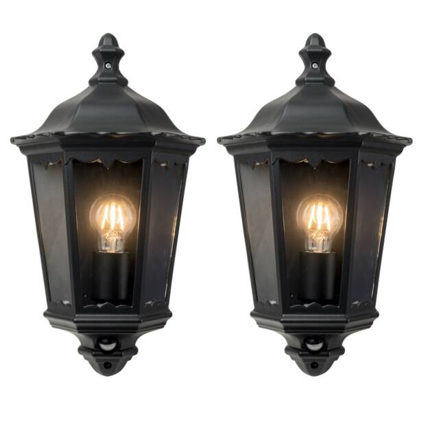 Set of 2 Sienna - Black IP44 Half Lantern Wall Lights with PIR Sensor Black Matt black and clear glass Small 2
