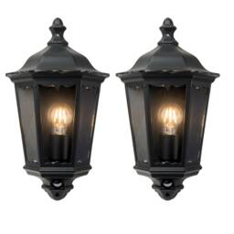 Set of 2 Sienna - Black IP44 Half Lantern Wall Lights with PIR Sensor Black Matt black and clear glass Small 2
