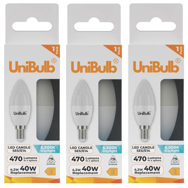 UniBulb LED Candle E14 Small Edison Screw (SES) 470lm 4.2W (Replaces 40W) 6500K (Daylight) Light Bulb - Pack of 3 White Daylight 3