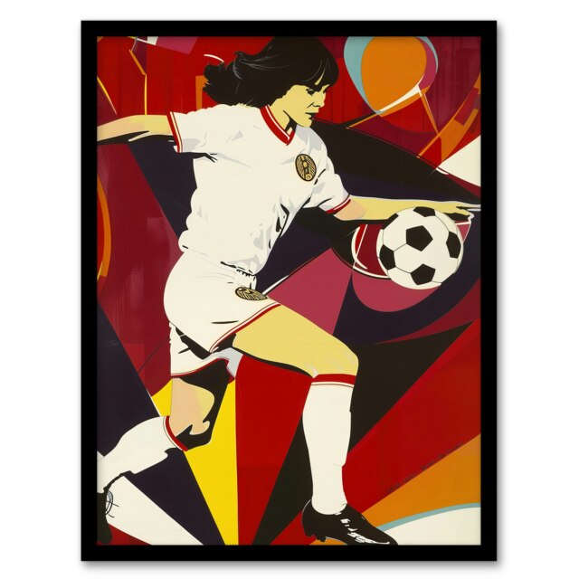 Female Footballer Motion Red Powerful Living Room Black Framed Wall Art Print A4