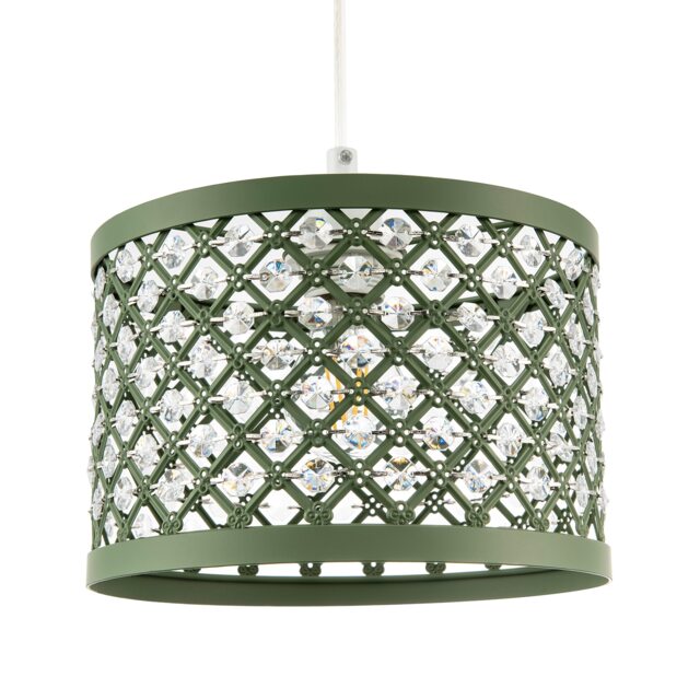 Modern Ornate Olive Green Metal Pendant Shade with Clear Acrylic Beads
