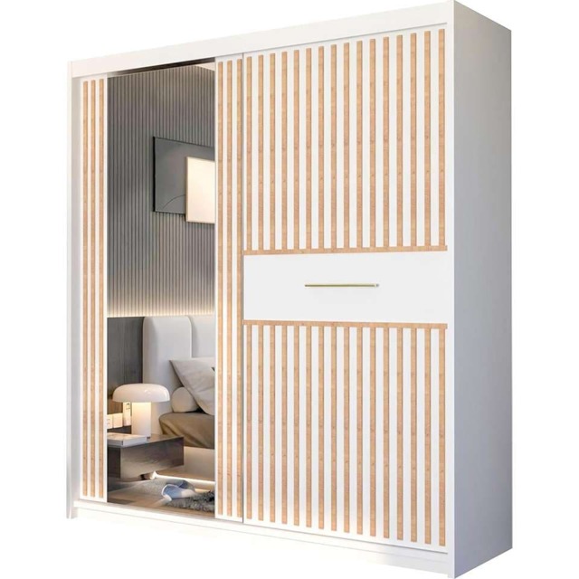 Sliding Door Wardrobe with Full-Length Mirror & Oak Strip Finish - 2 Doors, Adjustable Shelves & Rails