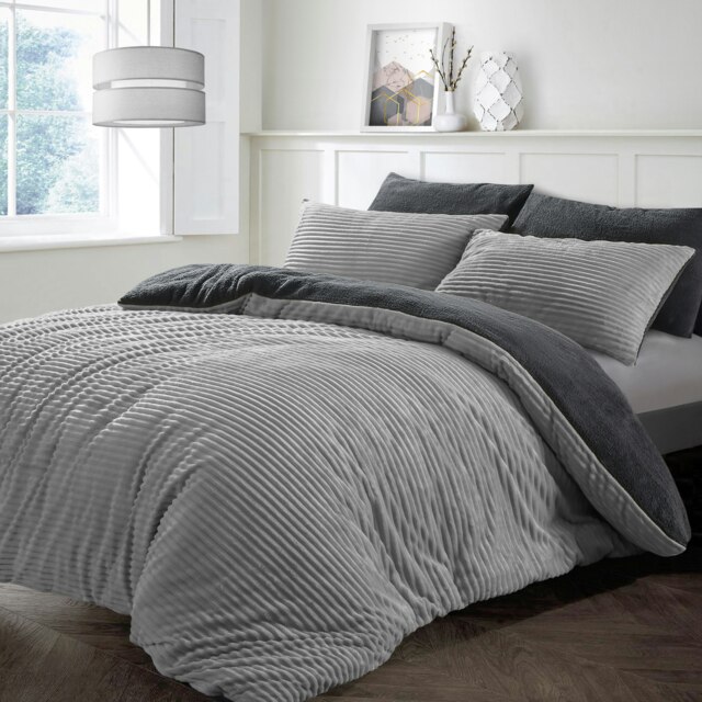 Velosso Plush Corduroy Teddy Fluffy and Warm Fleece Duvet Cover Set Silver Silver Single