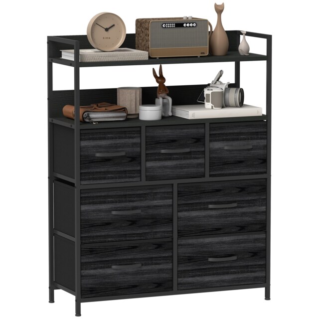 HOMCOM Bedroom Chest of Drawers, Fabric Dresser with 7 Drawers, Storage Organiser Unit with Open Shelves and Metal Frame for Living Room, Entryway, Black Black Black
