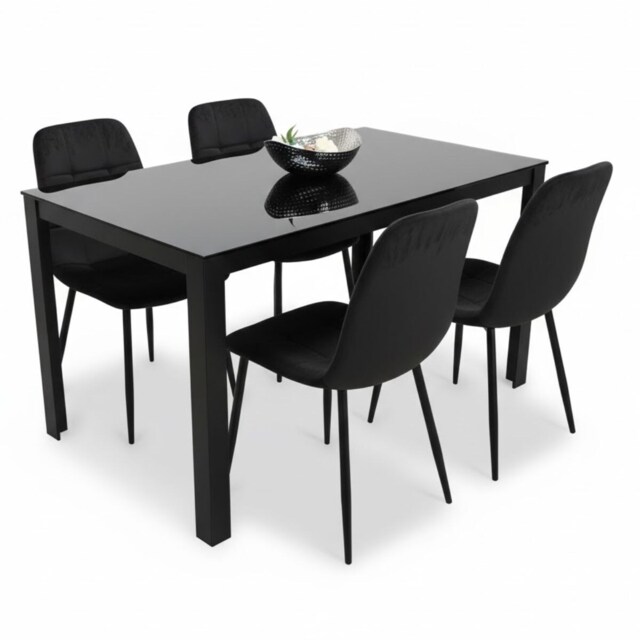 Dining Table and 4 Chairs Black Glass 4 Velvet Chairs Dining Room Furniture