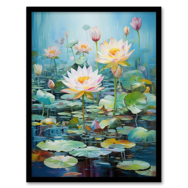 Dreamy Lotus Pond Blooming Water Lily Flowers Black Framed Wall Art Print A4