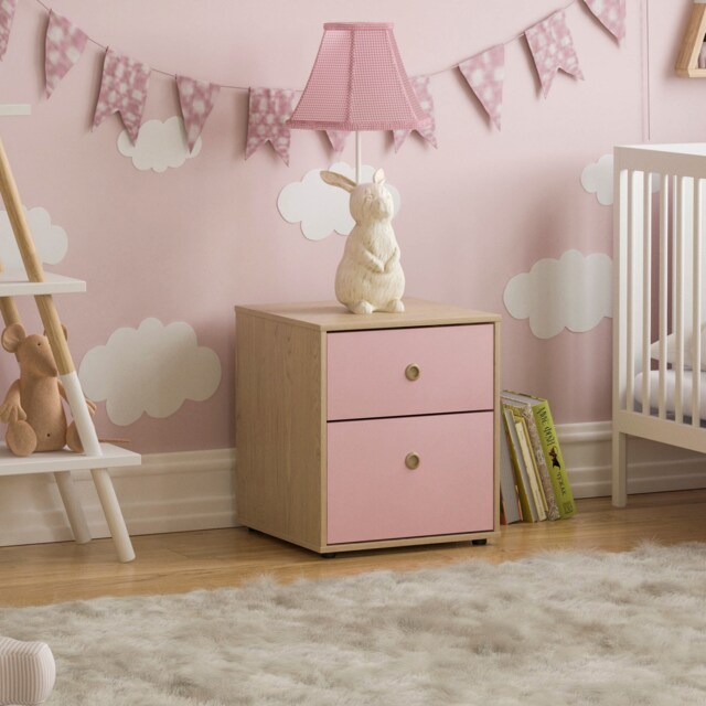 Junior Vida Neptune 2 Drawer Bedside Table Chest Cabinet Nightstand, Pink & Oak