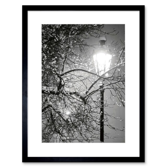 "Lone Street Lamp Winter Night Black White 12x16"" Framed Wall Art Print"