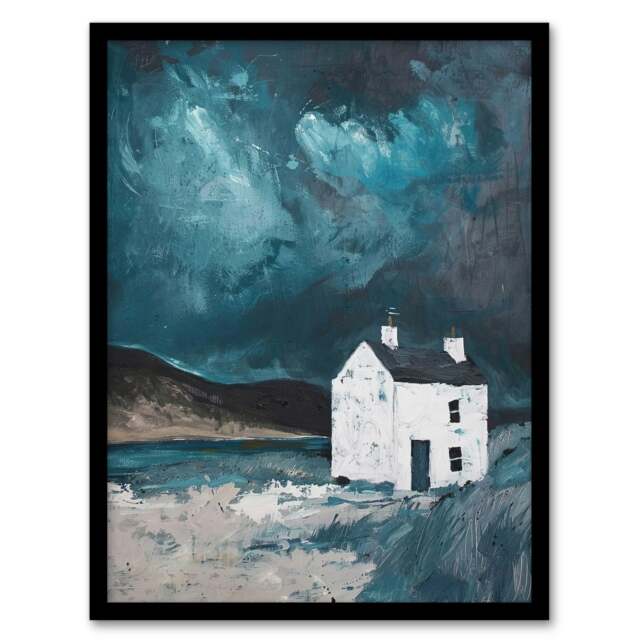 Scottish Coastal Cottage Night Oil Hills Black Framed Wall Art Print A4
