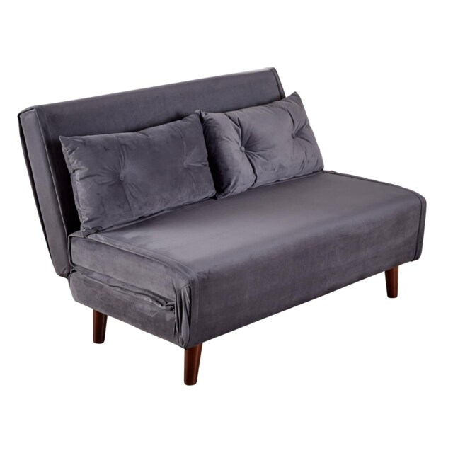 Double Sofa Bed Folding Chair Velvet Grey Wooden Legs Two Pillow Home Furniture