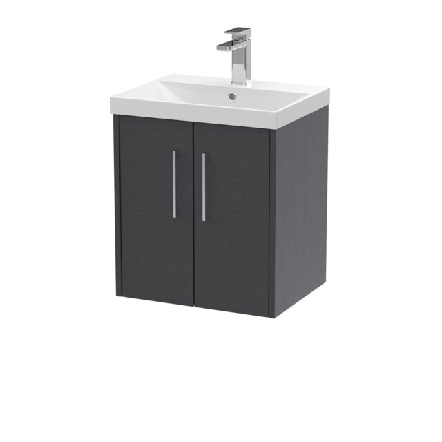 Balterley Winshill Contemporary 2 Door Wall Hung Vanity Unit with Thin Edge Basin, Woodgrain Dark Grey, 500mm