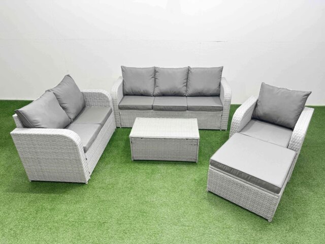 Fimous Patio PE Wicker 7 Seater Outdoor Rattan Furniture Sofa Sets with Rectangular Coffee Table Reclining Chair Loveseat Sofa 3 Seater Sofa Big Footstool Light Grey