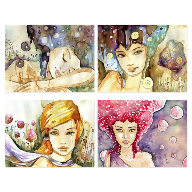 Set of 4 Watercolour Women Portrait Modern Boho Painting Home Decor Wall Art Print A4