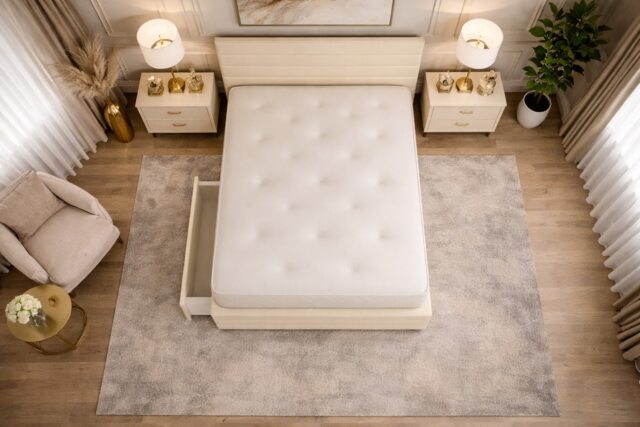 Divan Bed Set Headboard and Footboard with Mattress 3ft Single Cream Suede Storage 2 Drawers Right Side Laying in Bed