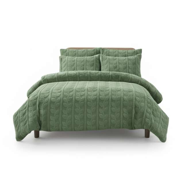 Ultra Soft Teddy Duvet Cover Set Leaves Embossed Cozy Fleece Bedding Green Single