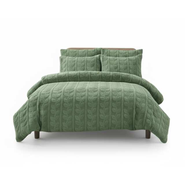 Ultra Soft Teddy Duvet Cover Set Leaves Embossed Cozy Fleece Bedding Green Single