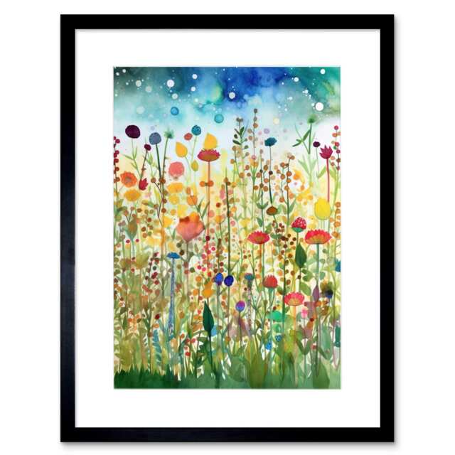 "Spring Wildflower Meadow Abstract Flowers Folk Art 9x7"" Black Framed Wall Art Print"