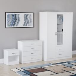 Vida Designs Riano 3 Piece Bedroom Set (1 Drawer Bedside Chest, 4 Drawer Chest, 3 Door 2 Drawer Mirrored Wardrobe) - White
