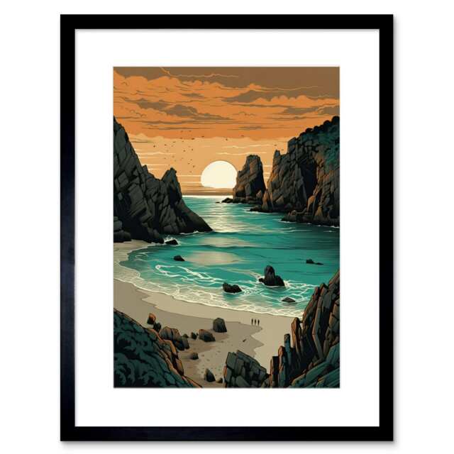 "Beach Cove Sunrise Coastal Landscape Porthcurno 9x7"" Black Framed Wall Art Print"