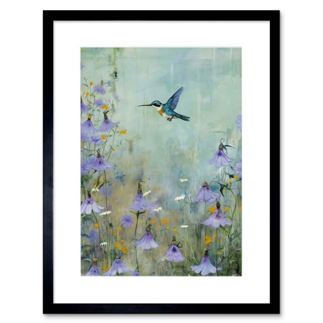 "Bluebell Hummingbird Pastel Painting 9x7"" Black Framed Wall Art Print"
