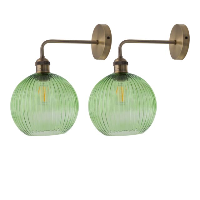 Set of 2 Isaac - Antique Brass Wall Lights with Green Ribbed Shades