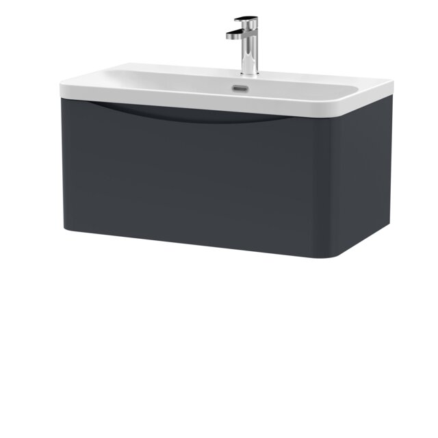 Balterley Arch Modern Bathroom Wall Hung 1 Drawer Vanity Unit & Ceramic Basin Grey Satin Soft Black