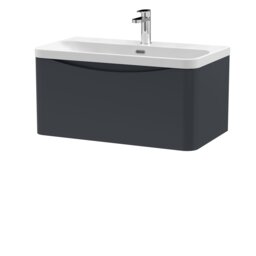 Balterley Arch Modern Bathroom Wall Hung 1 Drawer Vanity Unit & Ceramic Basin Grey Satin Soft Black