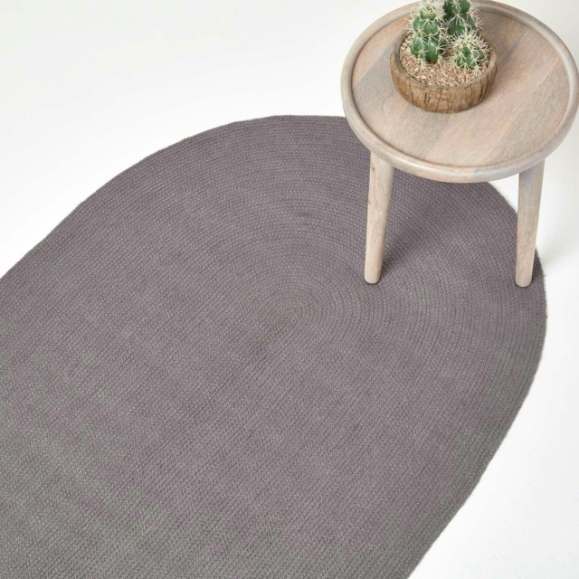 Homescapes Grey Handmade Woven Braided Oval Rug - 60 x 90 cm Grey Grey