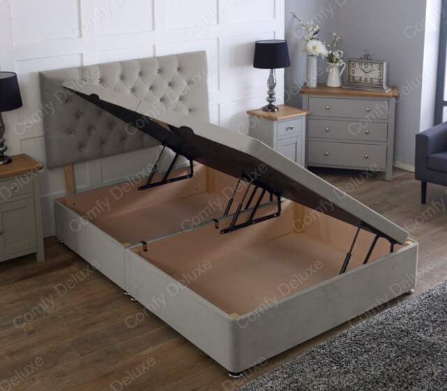 Side Opening Ottoman Divan Bed Base Only 4FT Small Double Grey Plush