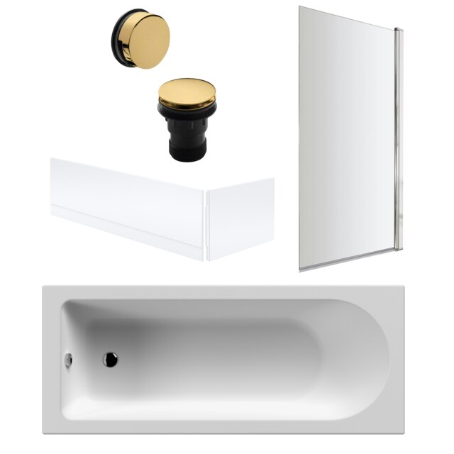 Round Single Ended Bath, Bath Screen, Panels and Brushed Brass Waste -1700x700mm White