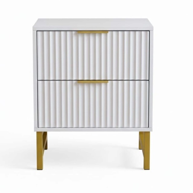 Modern White Bedside Table with 2 Drawers and Gold Metal Legs, Elegant Storage Solution for Bedroom