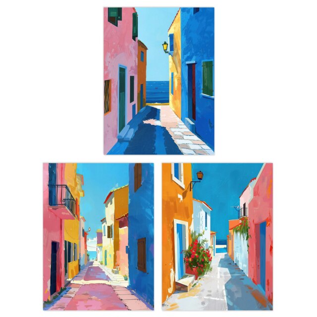 Set of 3 Prints Colourful Village Sea Greek Spanish Poster Art