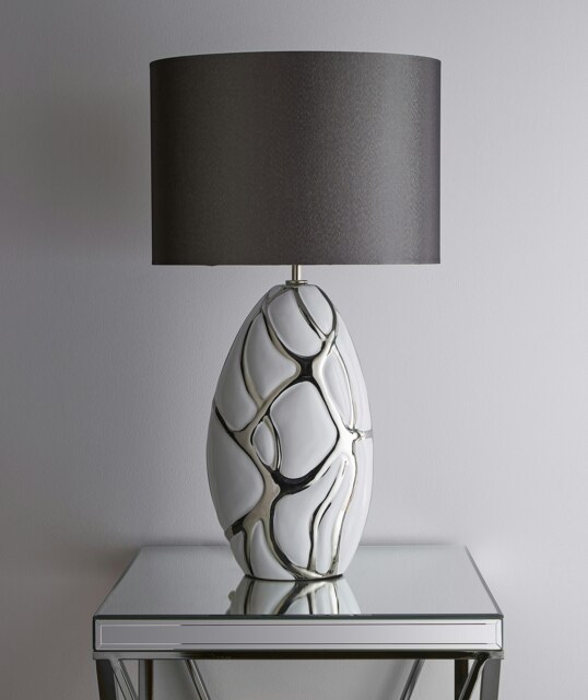 Tall White and Silver Table lamp in a Ceramic Finish and Dark Grey lampshade Pebble Style Base Finish White