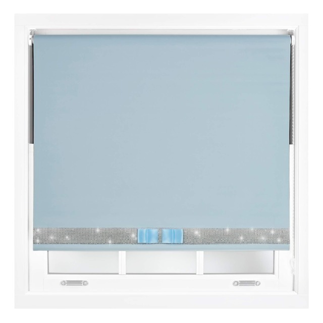 FURNISHED Blackout Roller Blinds with Diamante Trim and Bow Cut to Size Blue Duck Egg Blue (W) 60cm x (L) 210cm