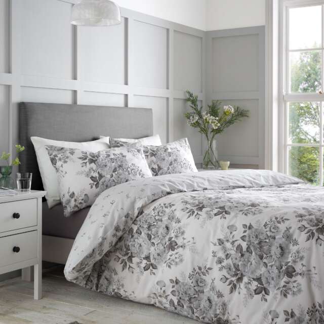 Elinda Floral Reversible Duvet Cover Set Grey Double