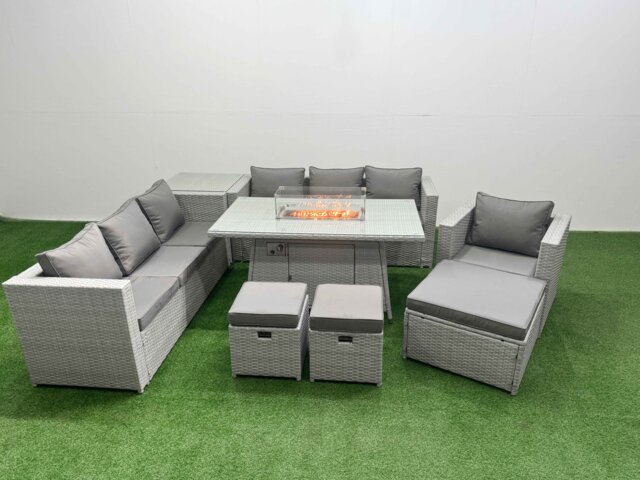 Fimous 10 Seat PE Rattan Lounge Sofa Set Outdoor Garden Furniture Set with Firepit Dining Table 3 Seater Sofa 3 Stools Side Table Light Grey