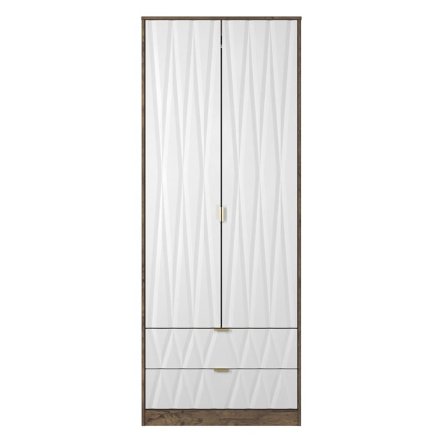 Washington Tall 2 Drawer Double Wardrobe in White Matt & Vintage Oak (Ready Assembled) White White Matt & Vintage Oak