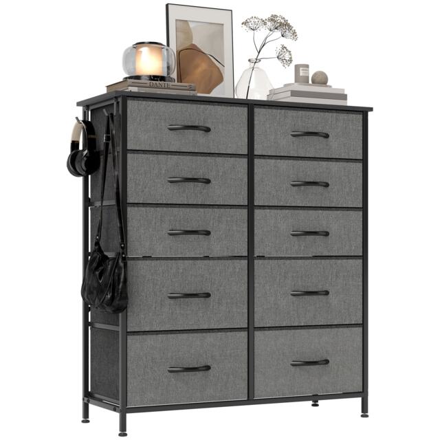 HOMCOM Fabric Chest of Drawers, 10 Drawer Dresser for Bedroom, Charcoal Grey Grey Charcoal grey