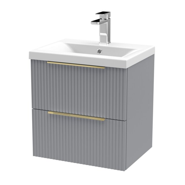 Balterley Fluted Front Wall Hung 2-Drawer Bathroom Vanity Unit 1 Tap Hole Basin - Handles Grey Satin Grey