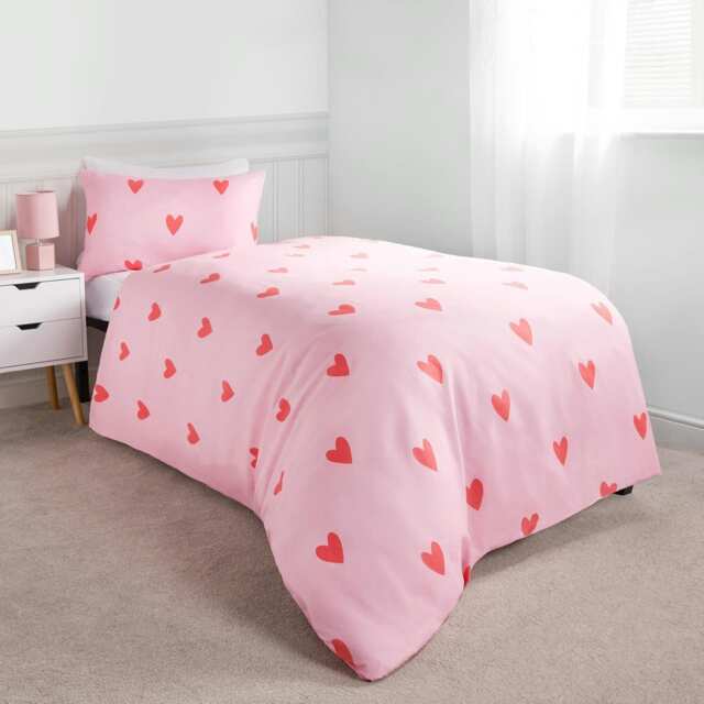 OHS Gingham Hearts Reversible Print Duvet Cover and Pillowcase Set, Single - Coral/Pink
