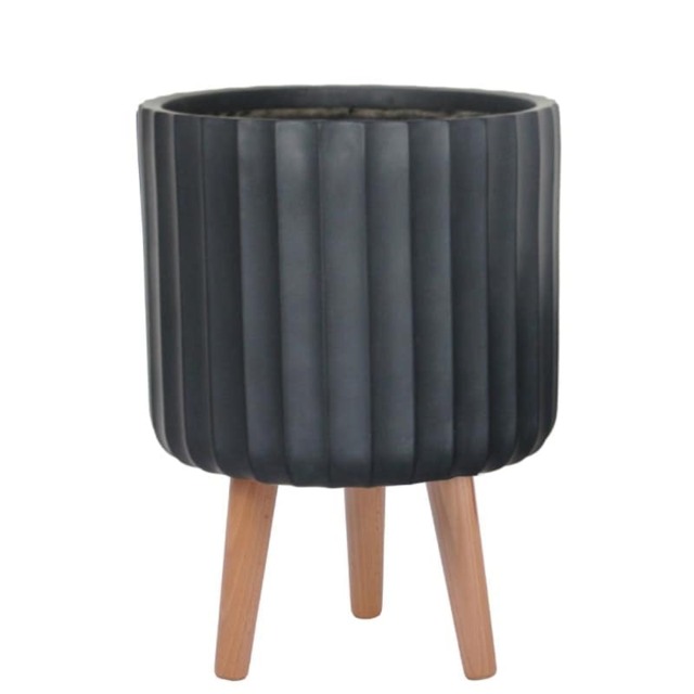 Modern Ribbed Black Cylinder Planter on Legs, Round Pot Plant Stand Indoor D24 H32 cm, 7.6 ltrs Cap.