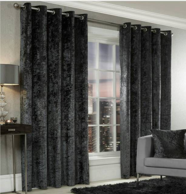 Crushed Velvet Eyelet Curtains - Charcoal - 167 cm x 137 cm