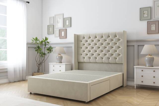 Sloomy Dior Cream Plush Divan Bed Base 2 Drawers Foot-End With 54 Inch Wingback Headboard Cream Cream Small Double 1
