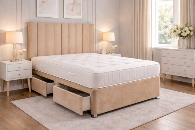 Beige divan plush 4ft6 double bed set with headboard and mattress storage 4 Drawers
