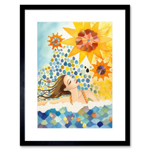 "Abstract Sea Swimming Folk Art Bathroom 9x7"" Black Framed Wall Art Print"