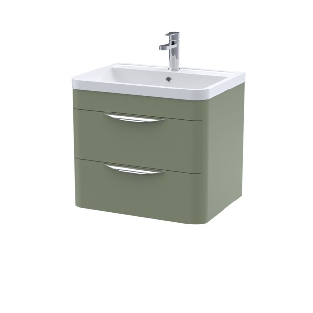 Balterley Wave Contemporary Wall Hung 2 Drawer Bathroom Vanity Unit & Polymarble Basin Green Satin Green